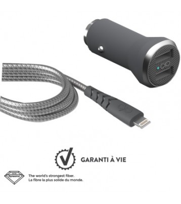 Kit chargeur voiture rapide 2 USB A et câble renforcé 1.2m Lightning Force Power